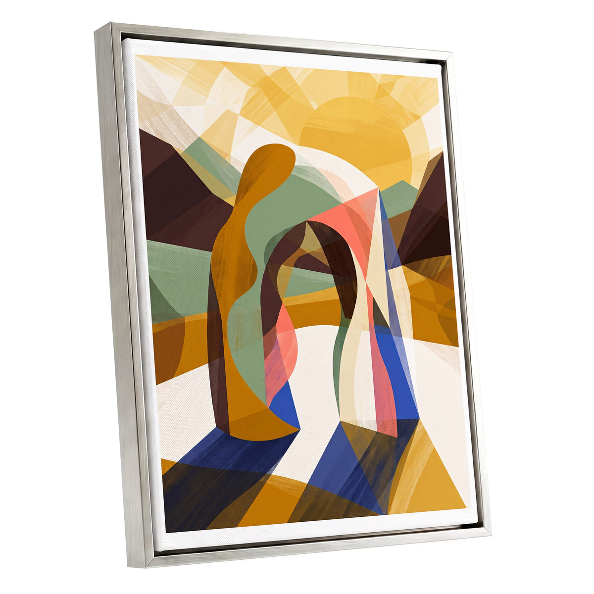 Sunlit Passage, gold, brown, beige abstract wall art shown as a silver framed canvas wall art