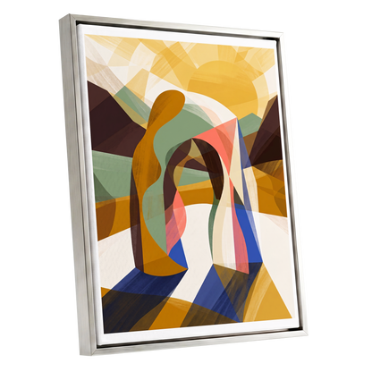 Sunlit Passage, gold, brown, beige abstract wall art shown as a silver framed canvas wall art