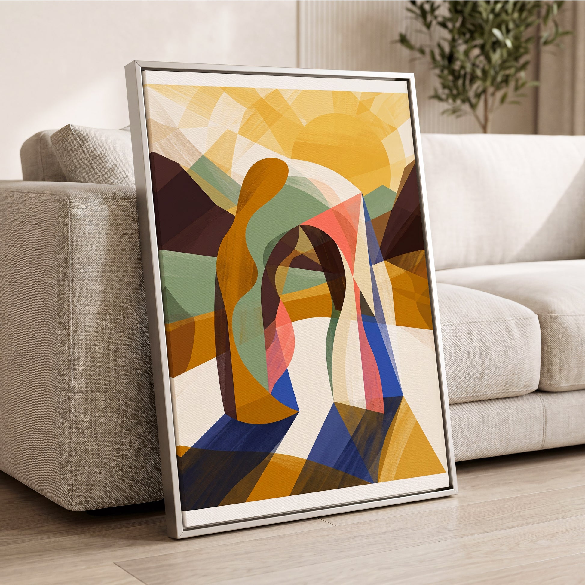 Sunlit Passage, gold, brown, beige abstract wall art displayed in a styled interior, gallery view 2