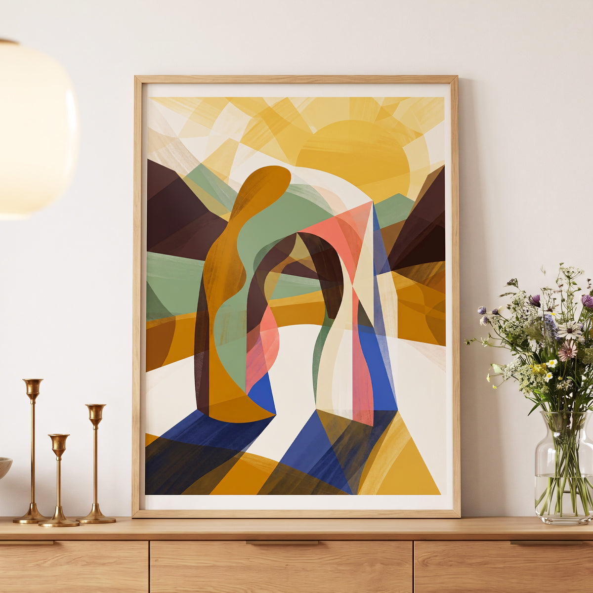 Sunlit Passage, gold, brown, beige abstract wall art displayed in a styled interior, gallery view 5