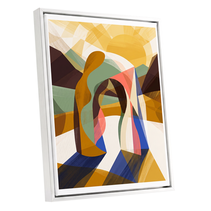 Sunlit Passage, gold, brown, beige abstract wall art shown as a white framed canvas wall art