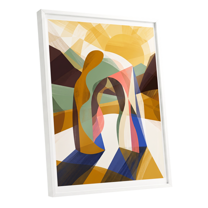 Sunlit Passage, gold, brown, beige abstract wall art shown as a white framed poster wall art print
