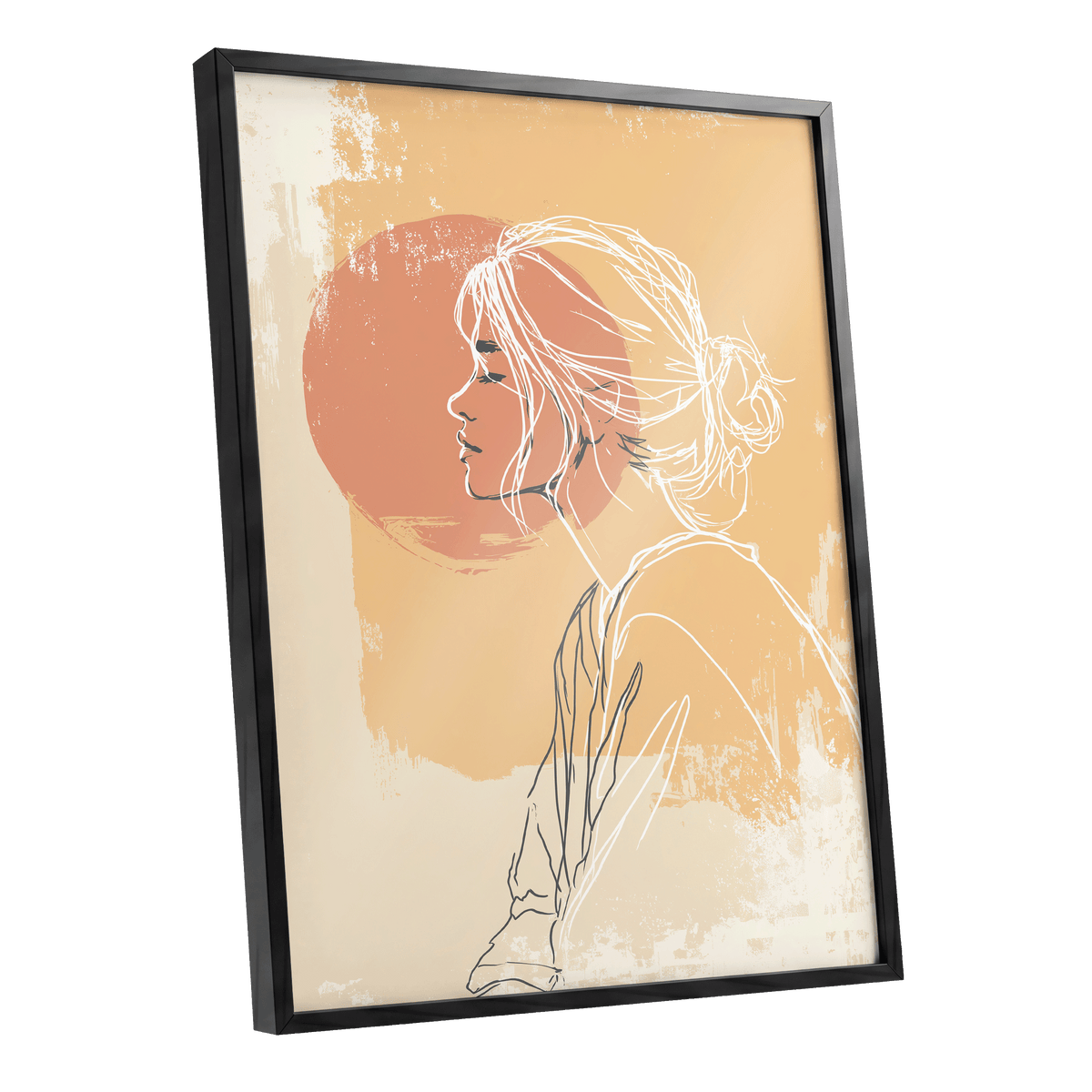 Sunlit Profile Line Art: a framed art print featuring a minimalist line drawing of a woman in profile against a warm beige and orange background, enclosed in a black frame.