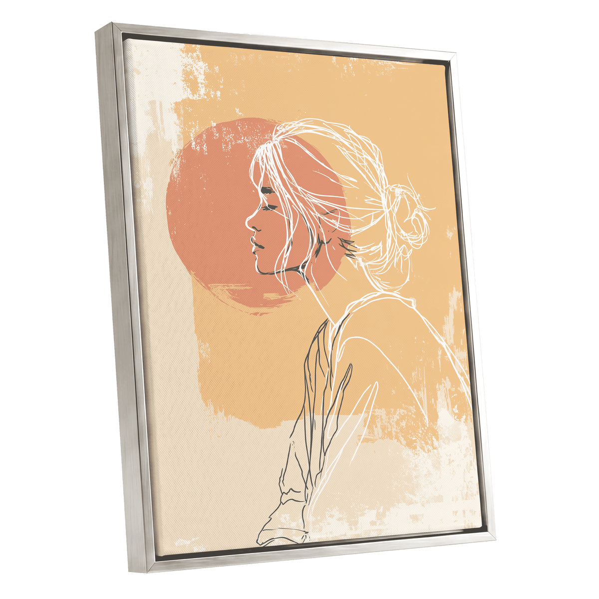 Sunlit Profile Line Art: framed canvas wall art featuring a minimalist line drawing of a woman in profile, set against a warm beige and terracotta background, shown at an angle with a silver frame on a white background.