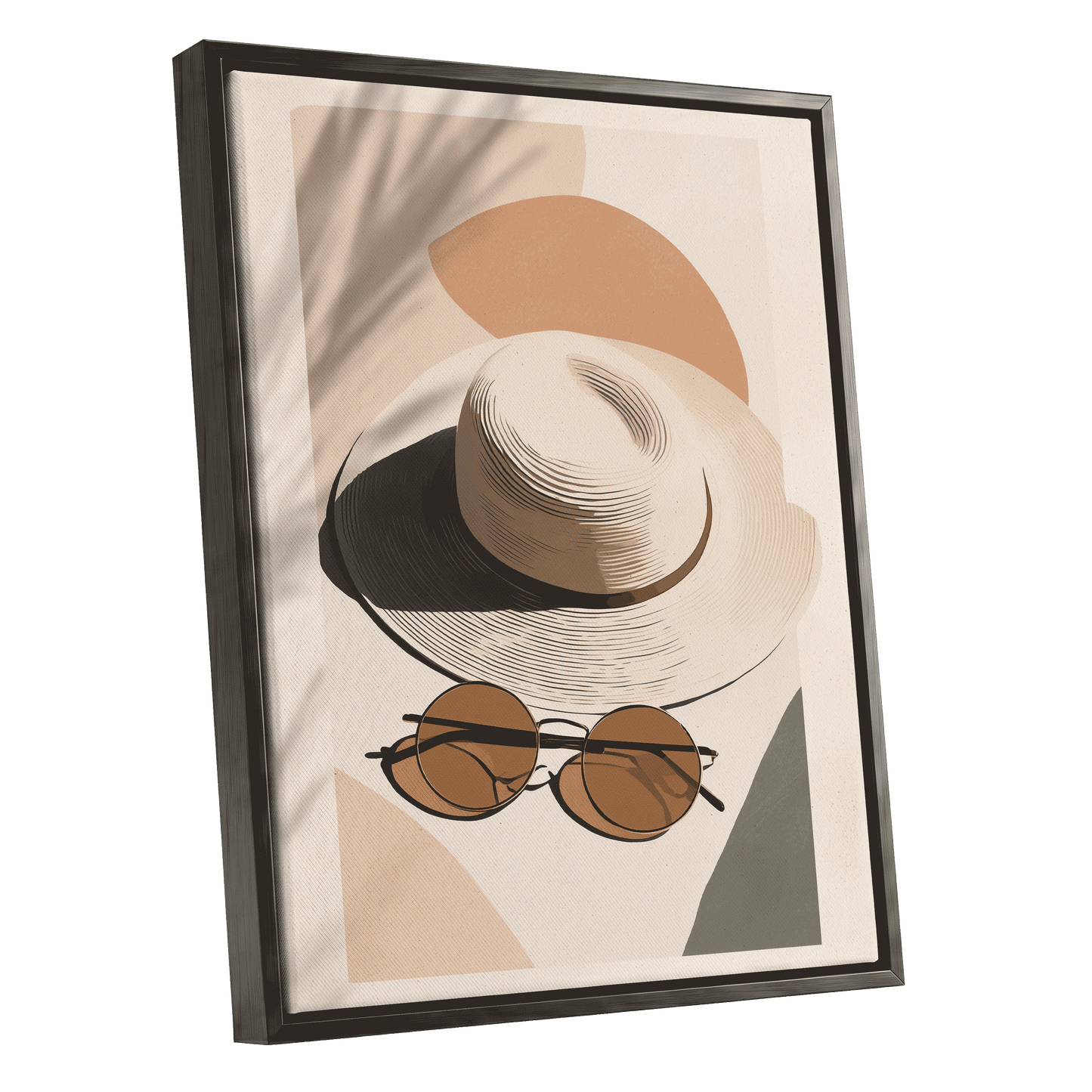 Sunlit Riviera, beige, brown, black minimalist wall art shown as a black framed canvas wall art