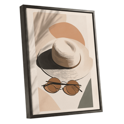 Sunlit Riviera, beige, brown, black minimalist wall art shown as a black framed canvas wall art