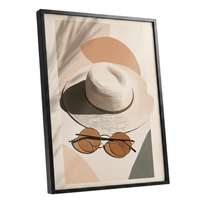 Sunlit Riviera, beige, brown, black minimalist wall art shown as a black framed poster wall art print