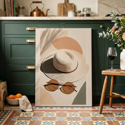 Sunlit Riviera, beige, brown, black minimalist wall art on canvas displayed in a styled interior, gallery view 1