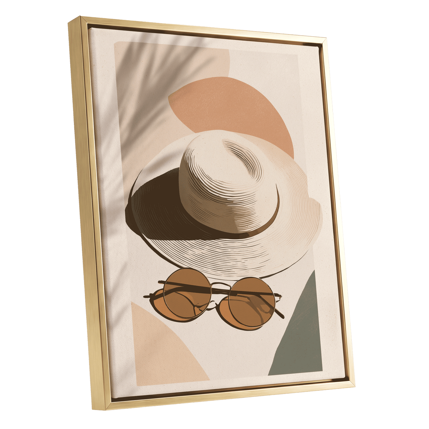 Sunlit Riviera, beige, brown, black minimalist wall art shown as a gold framed canvas wall art