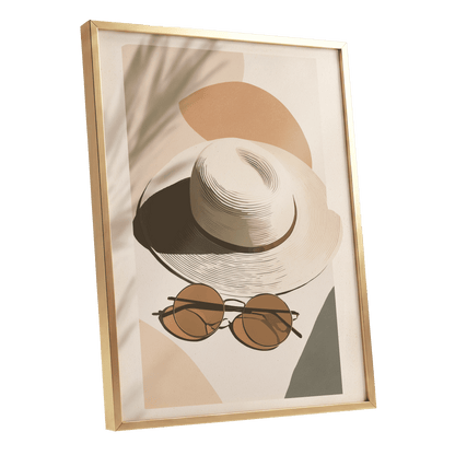 Sunlit Riviera, beige, brown, black minimalist wall art shown as a gold framed poster wall art print