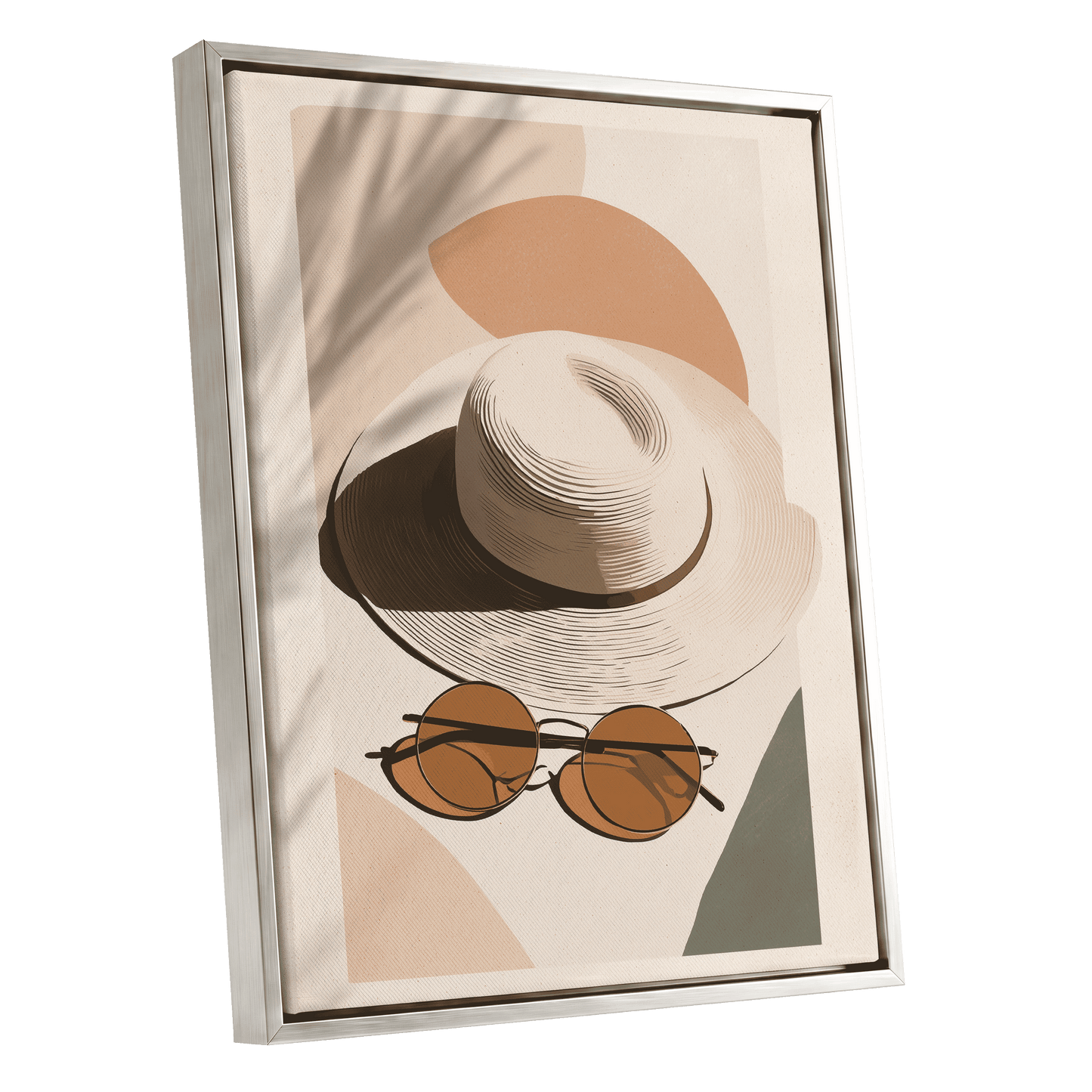 Sunlit Riviera, beige, brown, black minimalist wall art shown as a silver framed canvas wall art