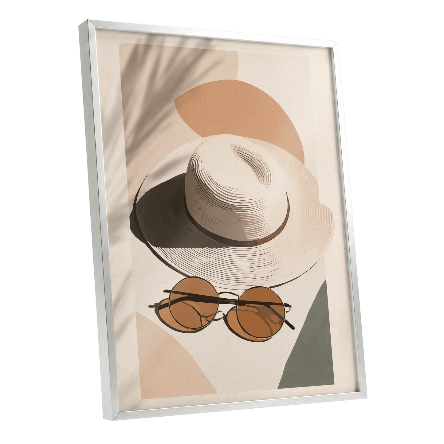 Sunlit Riviera, beige, brown, black minimalist wall art shown as a silver framed poster wall art print