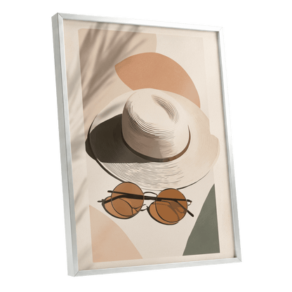 Sunlit Riviera, beige, brown, black minimalist wall art shown as a silver framed poster wall art print