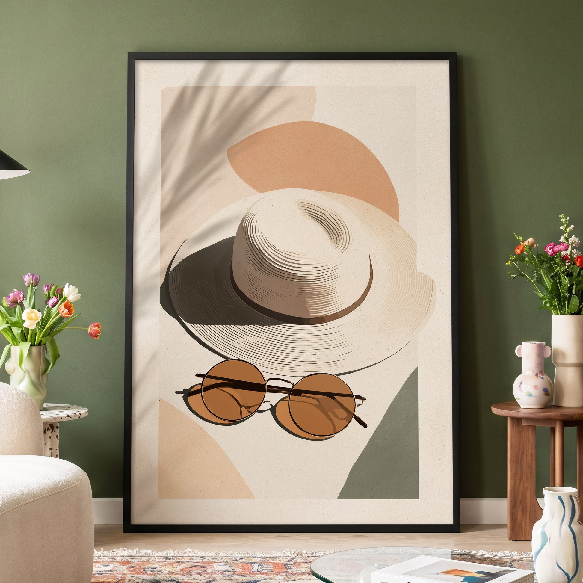 Sunlit Riviera, beige, brown, black minimalist wall art displayed in a styled interior, gallery view 4