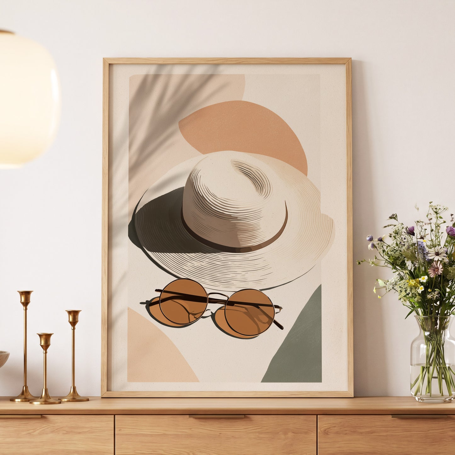 Sunlit Riviera, beige, brown, black minimalist wall art displayed in a styled interior, gallery view 5