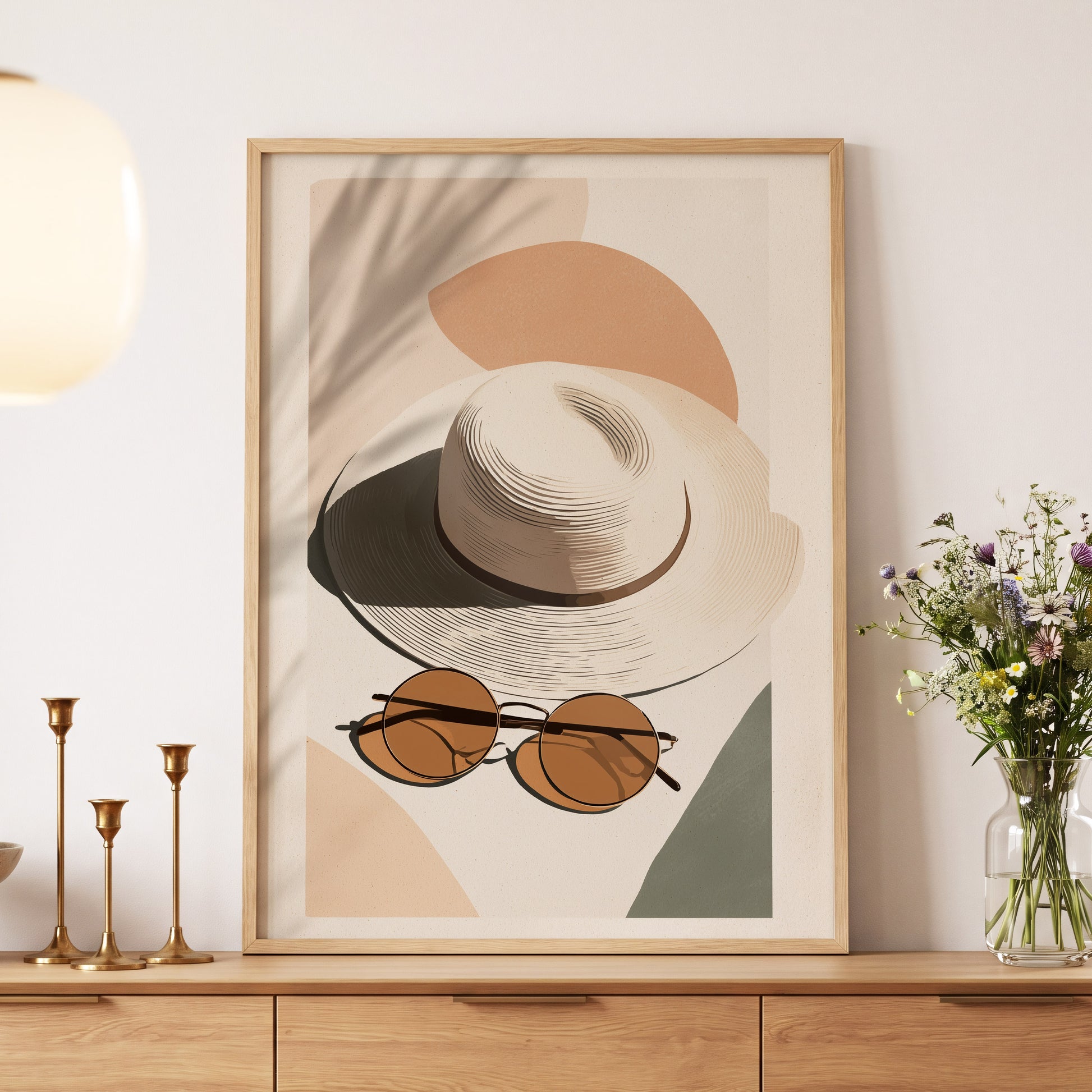 Sunlit Riviera, beige, brown, black minimalist wall art displayed in a styled interior, gallery view 5