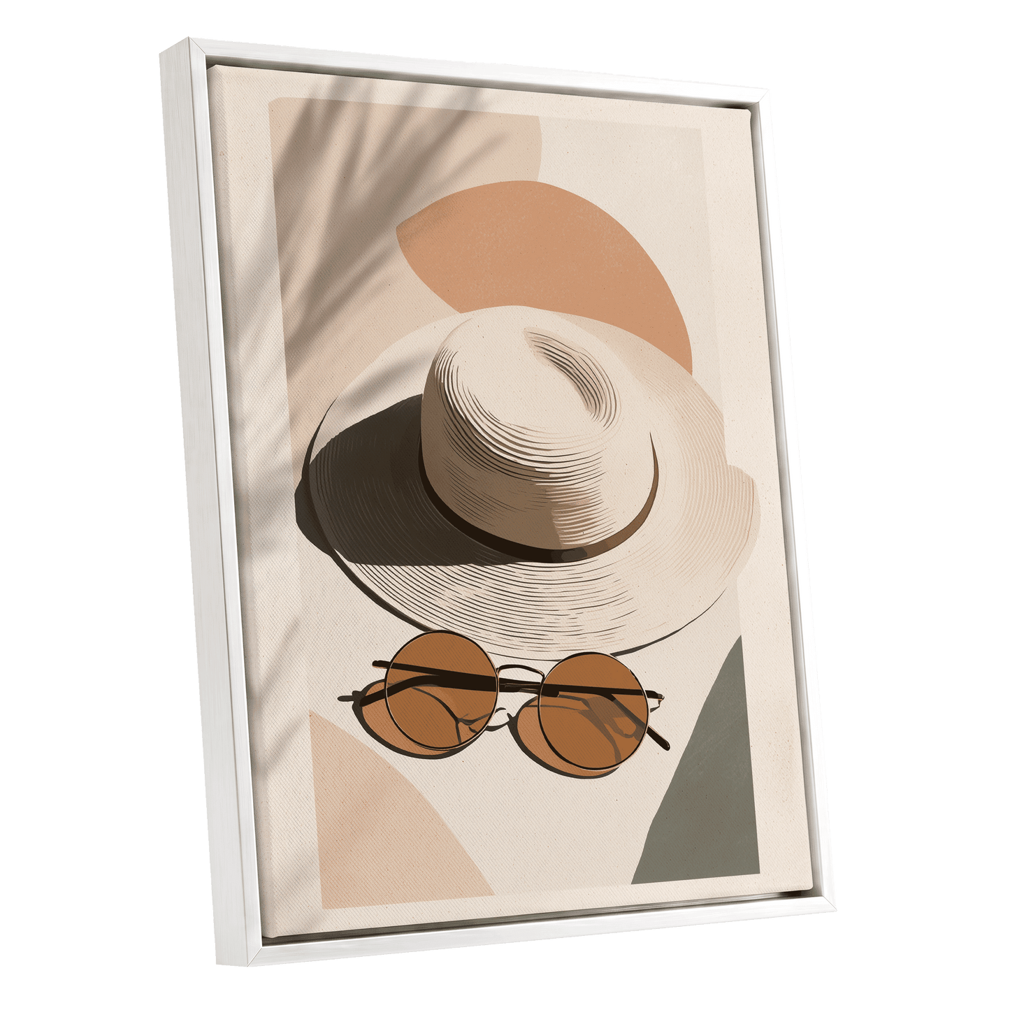 Sunlit Riviera, beige, brown, black minimalist wall art shown as a white framed canvas wall art