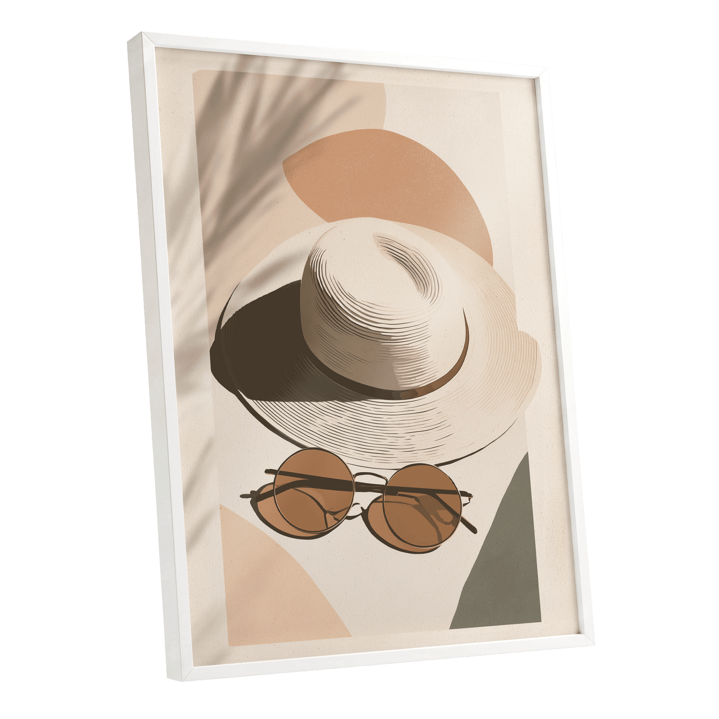 Sunlit Riviera, beige, brown, black minimalist wall art shown as a white framed poster wall art print