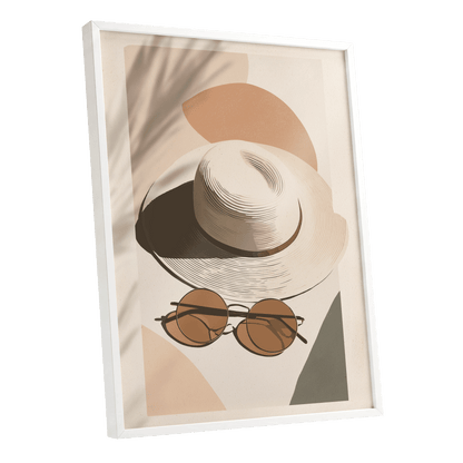 Sunlit Riviera, beige, brown, black minimalist wall art shown as a white framed poster wall art print