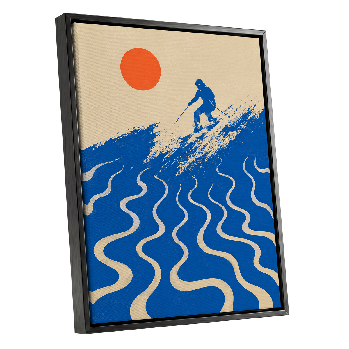 Sunlit Slalom, blue, beige, orange nature wall art shown as a black framed canvas wall art