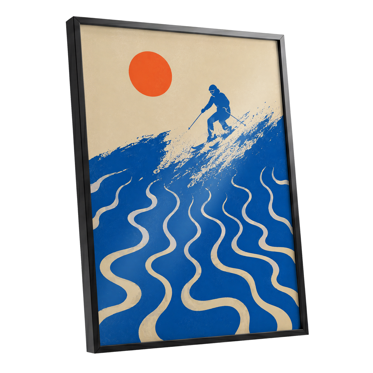 Sunlit Slalom, blue, beige, orange nature wall art shown as a black framed poster wall art print