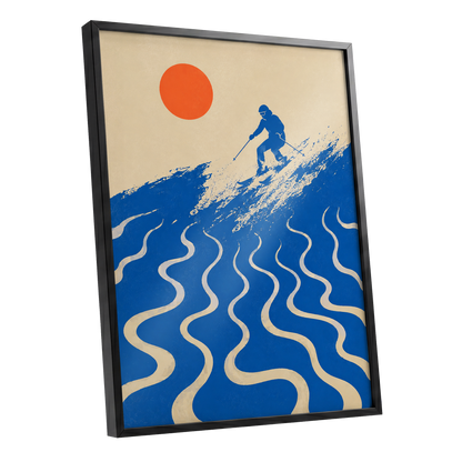 Sunlit Slalom, blue, beige, orange nature wall art shown as a black framed poster wall art print