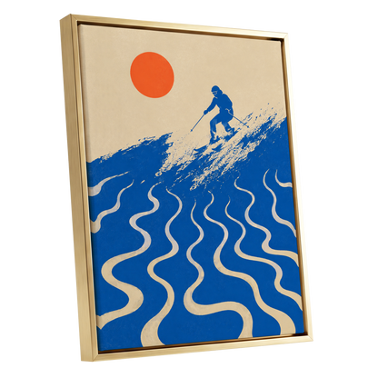 Sunlit Slalom, blue, beige, orange nature wall art shown as a gold framed canvas wall art