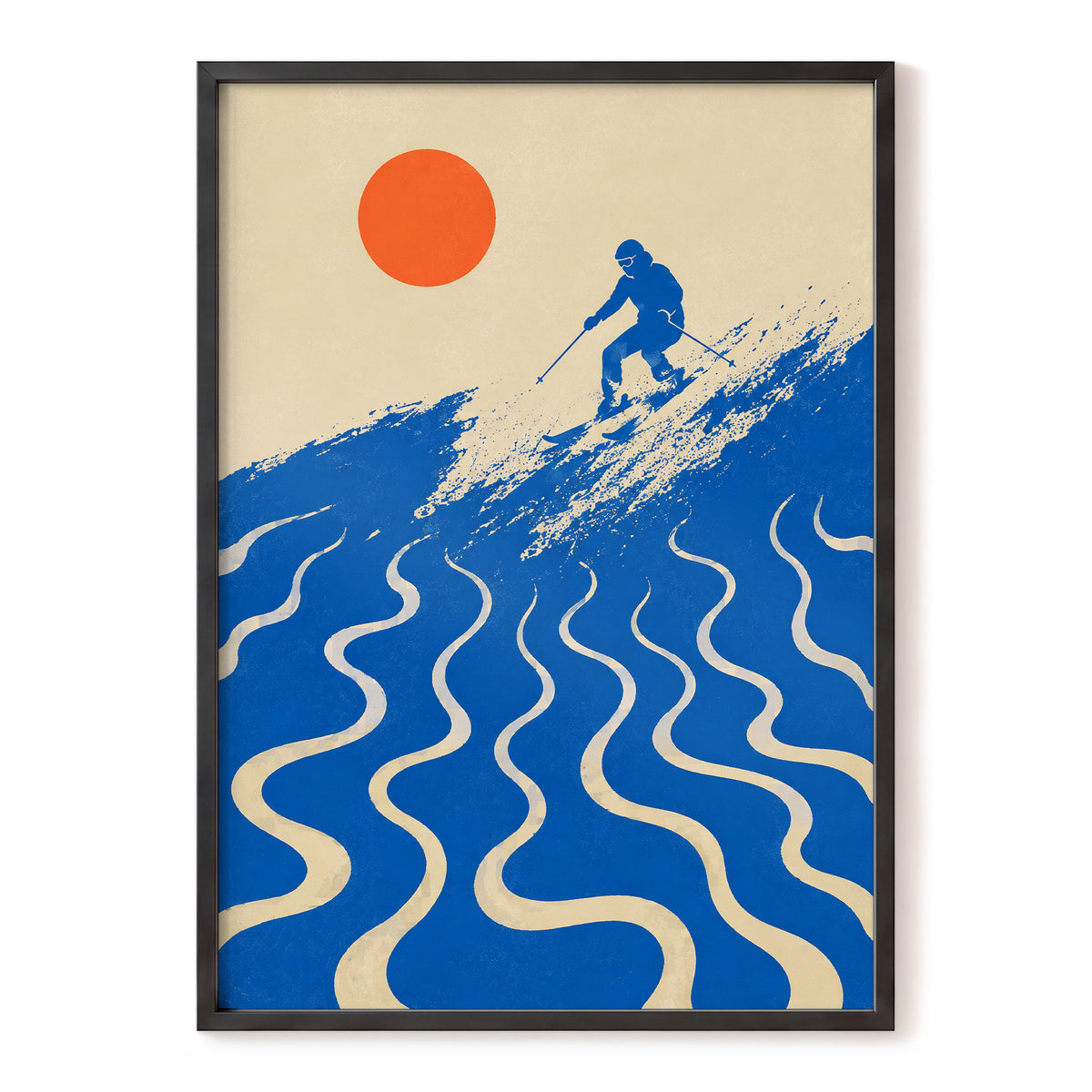 Sunlit Slalom, blue, beige, orange nature wall art, front artwork view