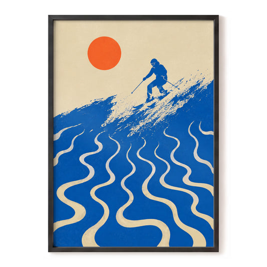 Sunlit Slalom, blue, beige, orange nature wall art, front artwork view