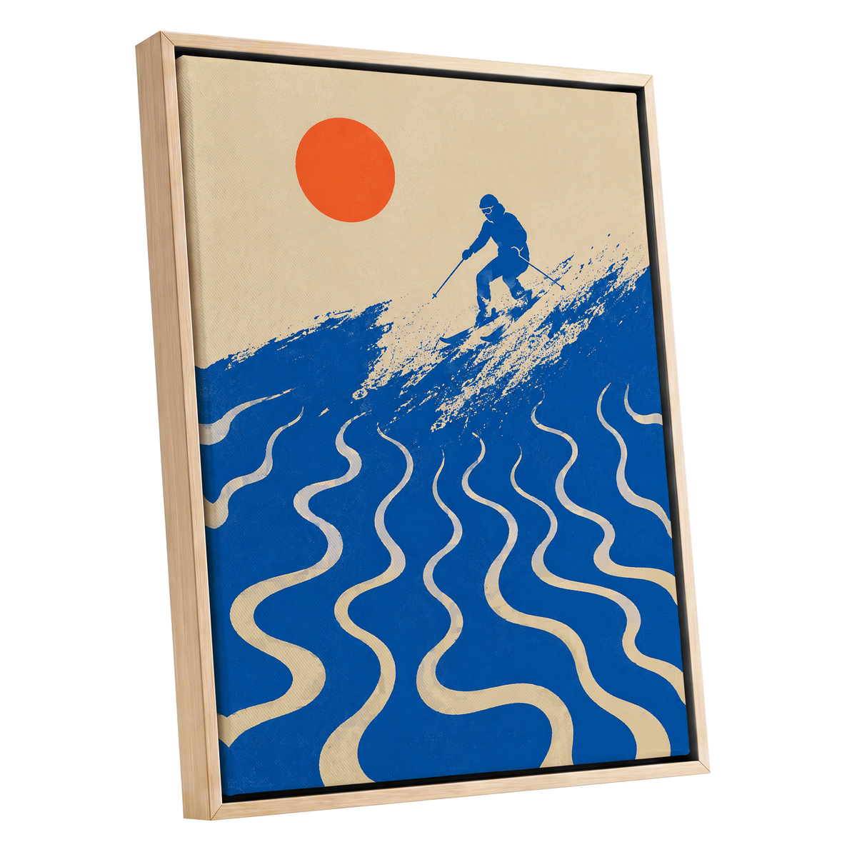 Sunlit Slalom, blue, beige, orange nature wall art shown as a oak framed canvas wall art