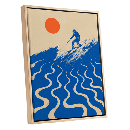 Sunlit Slalom, blue, beige, orange nature wall art shown as a oak framed canvas wall art