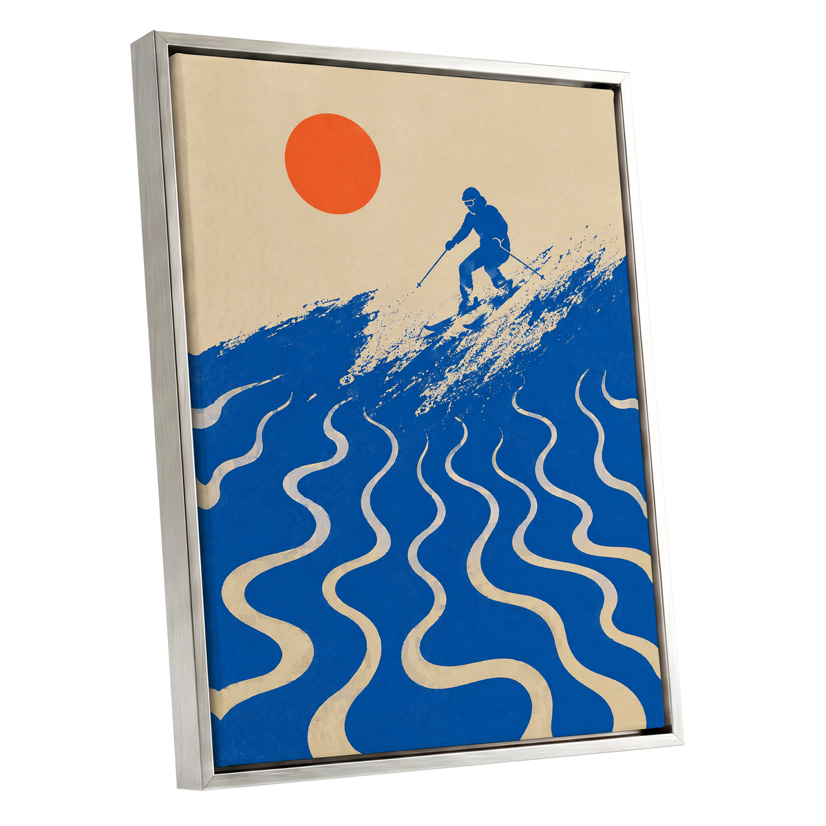 Sunlit Slalom, blue, beige, orange nature wall art shown as a silver framed canvas wall art