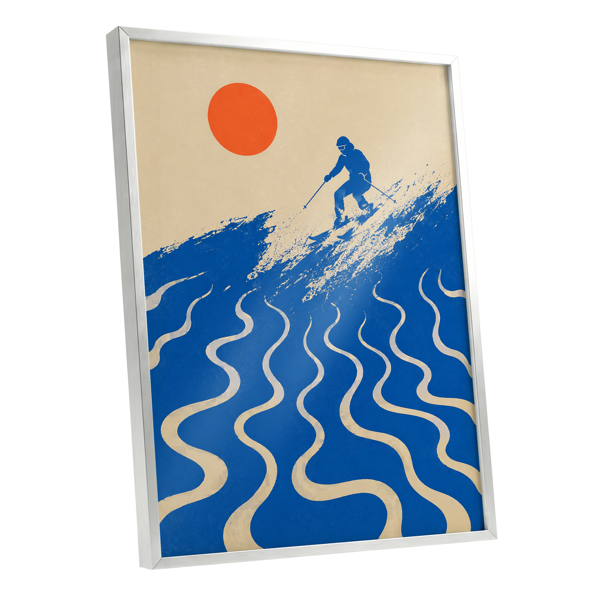 Sunlit Slalom, blue, beige, orange nature wall art shown as a silver framed poster wall art print