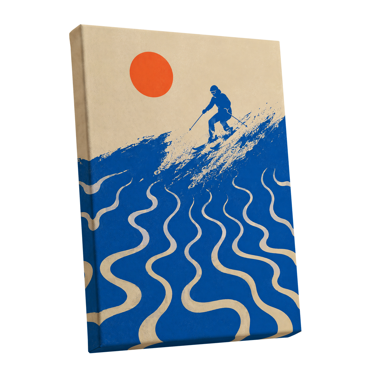 Sunlit Slalom, blue, beige, orange nature wall art shown as a stretched canvas wall art