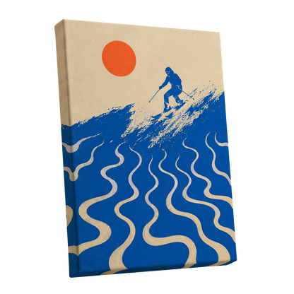 Sunlit Slalom, blue, beige, orange nature wall art shown as a stretched canvas wall art