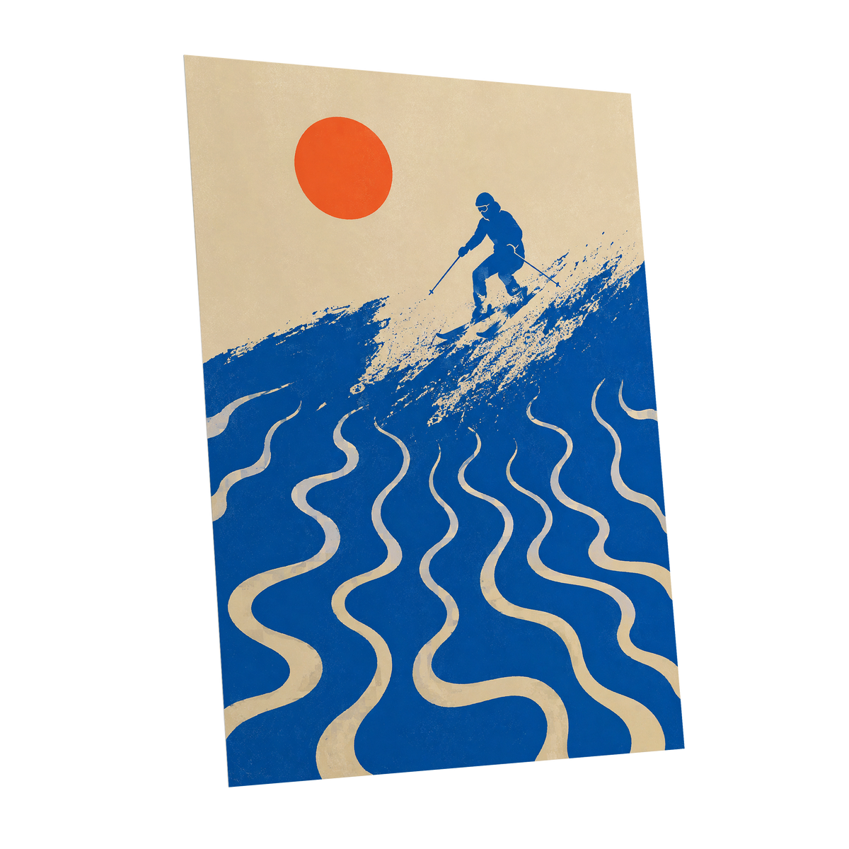 Sunlit Slalom, blue, beige, orange nature wall art shown as a unframed poster wall art print