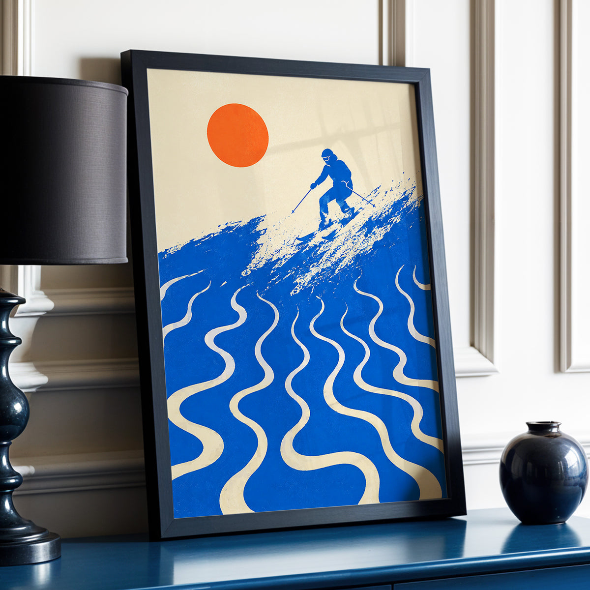 Sunlit Slalom, blue, beige, orange nature wall art displayed in a styled interior, gallery view 2