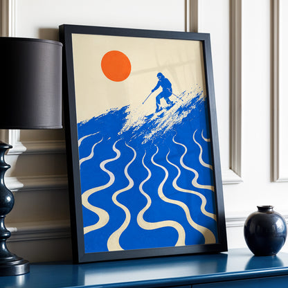 Sunlit Slalom, blue, beige, orange nature wall art displayed in a styled interior, gallery view 2