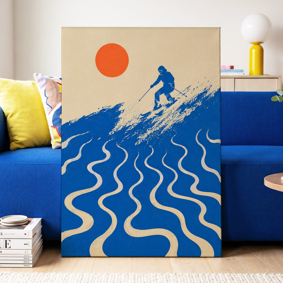 Sunlit Slalom, blue, beige, orange nature wall art displayed in a styled interior, gallery view 3