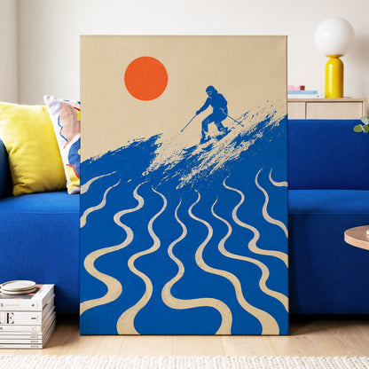 Sunlit Slalom, blue, beige, orange nature wall art displayed in a styled interior, gallery view 3