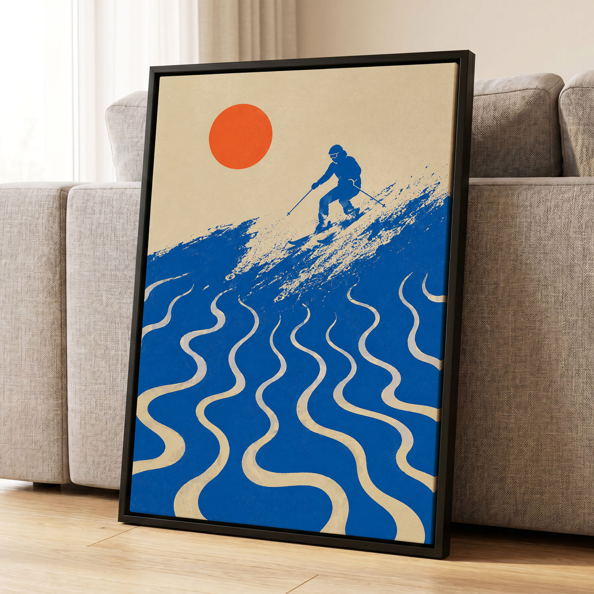 Sunlit Slalom, blue, beige, orange nature wall art displayed in a styled interior, gallery view 4
