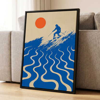Sunlit Slalom, blue, beige, orange nature wall art displayed in a styled interior, gallery view 4