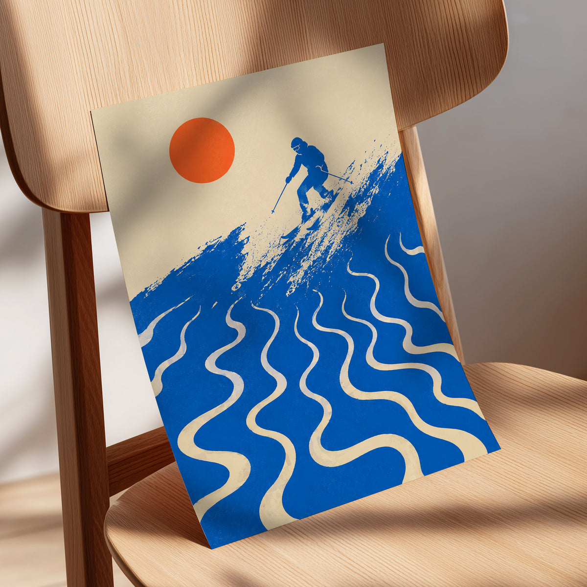 Sunlit Slalom, blue, beige, orange nature wall art displayed in a styled interior, gallery view 5