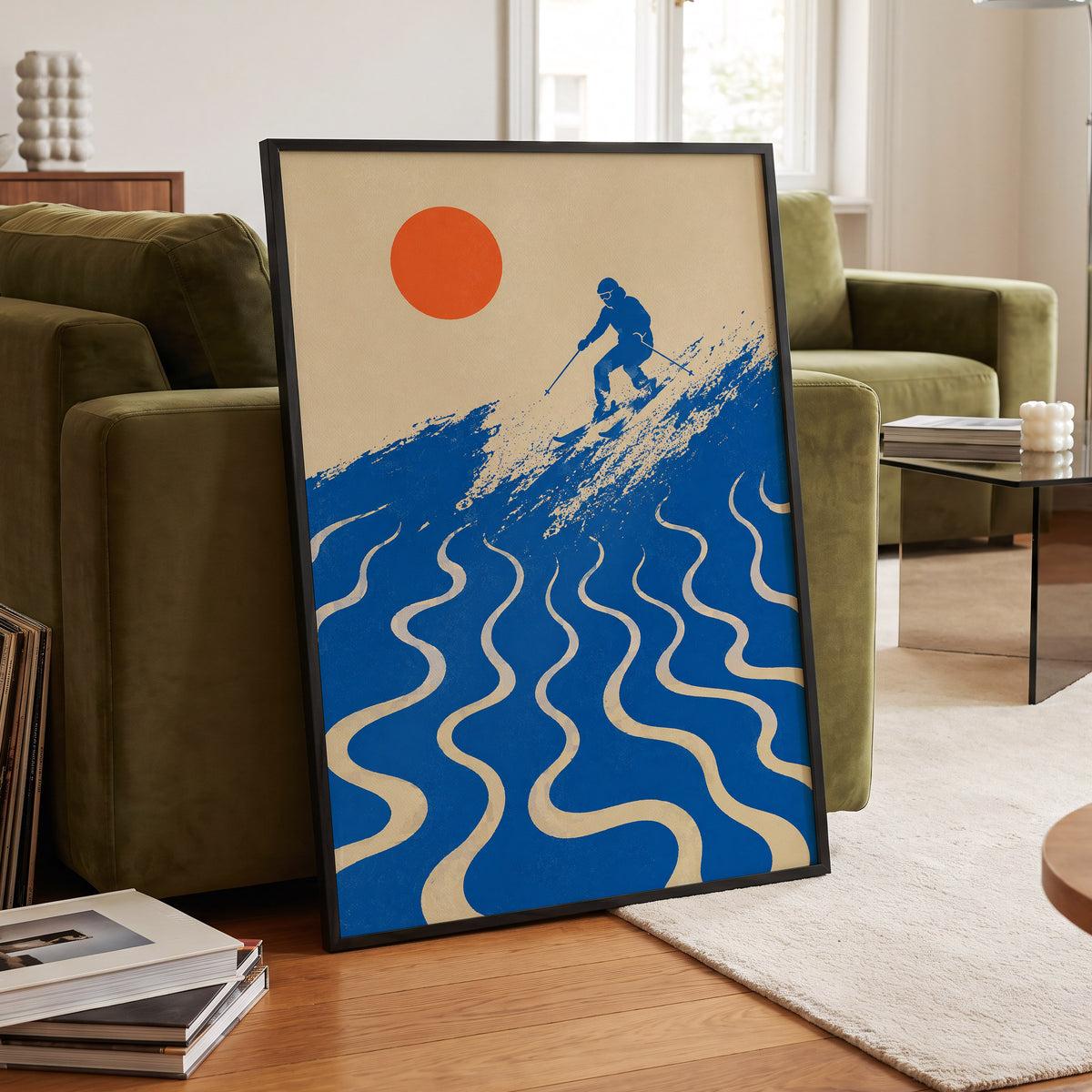 Sunlit Slalom, blue, beige, orange nature wall art displayed in a styled interior, gallery view 6