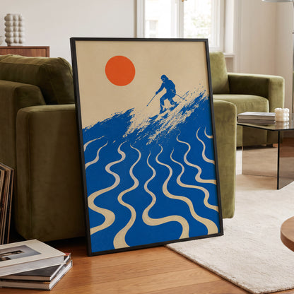 Sunlit Slalom, blue, beige, orange nature wall art displayed in a styled interior, gallery view 6