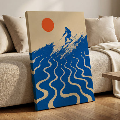 Sunlit Slalom, blue, beige, orange nature wall art displayed in a styled interior, gallery view 7