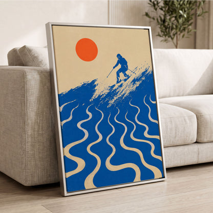 Sunlit Slalom, blue, beige, orange nature wall art displayed in a styled interior, gallery view 8