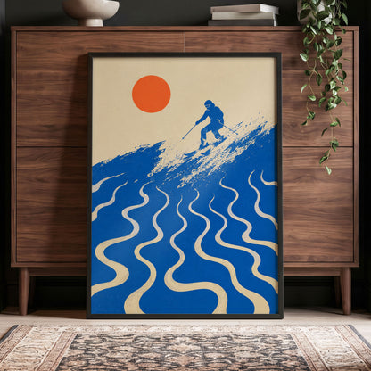 Sunlit Slalom, blue, beige, orange nature wall art displayed in a styled interior, gallery view 9