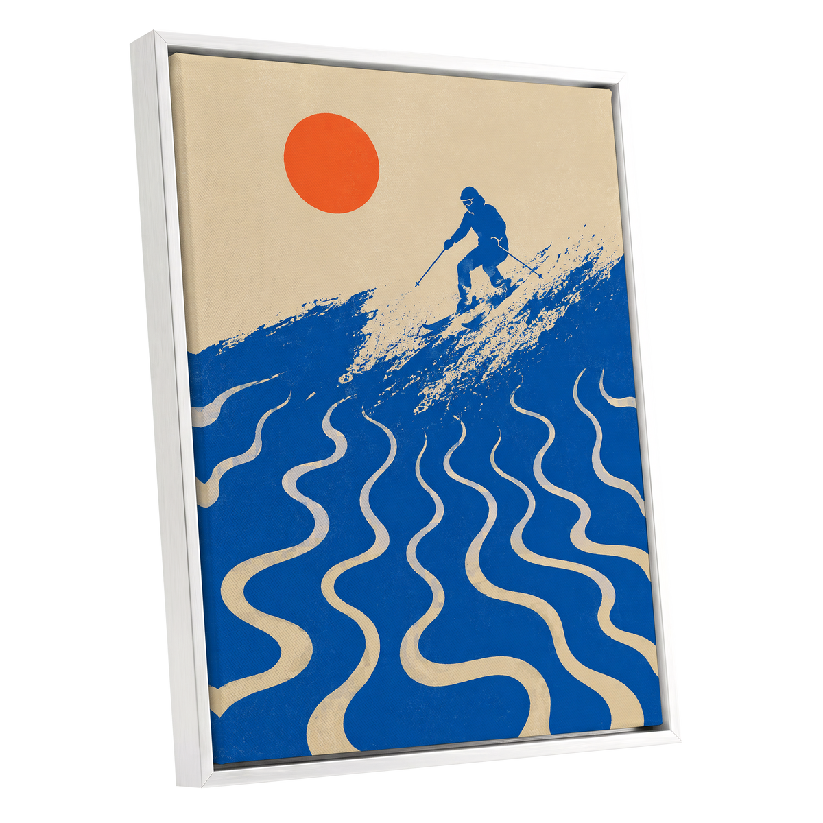 Sunlit Slalom, blue, beige, orange nature wall art shown as a white framed canvas wall art