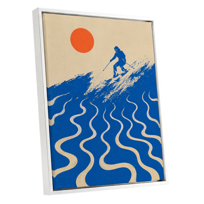Sunlit Slalom, blue, beige, orange nature wall art shown as a white framed canvas wall art